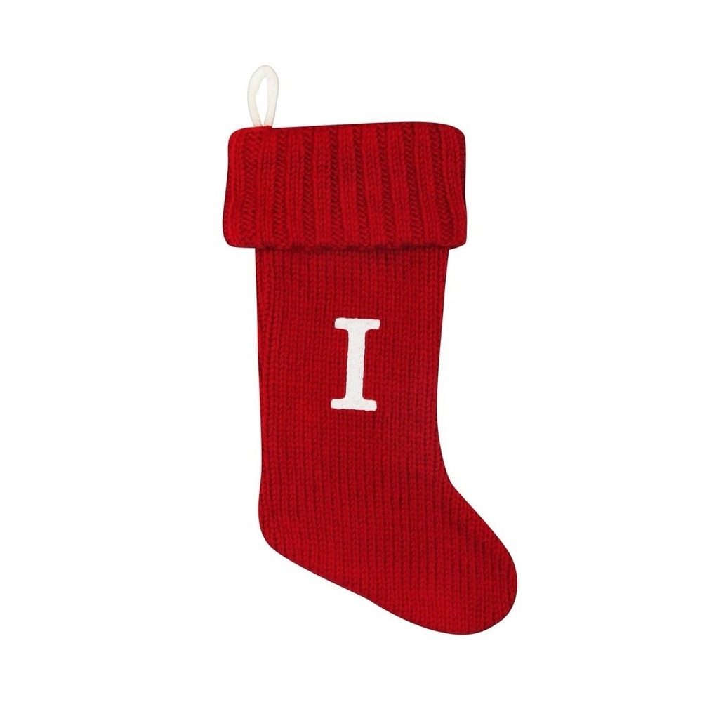 Red Knit Christmas Stocking Initial I Holiday Decoration‎ Decor 19" NWTWhite